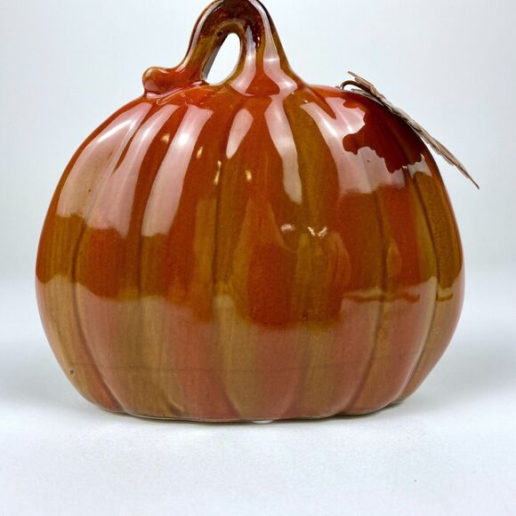Ceramic Pumpkin with Metal Leaf Fun Festive Home Decoration Shelf Sitter 5.25" - Picture 9 of 12